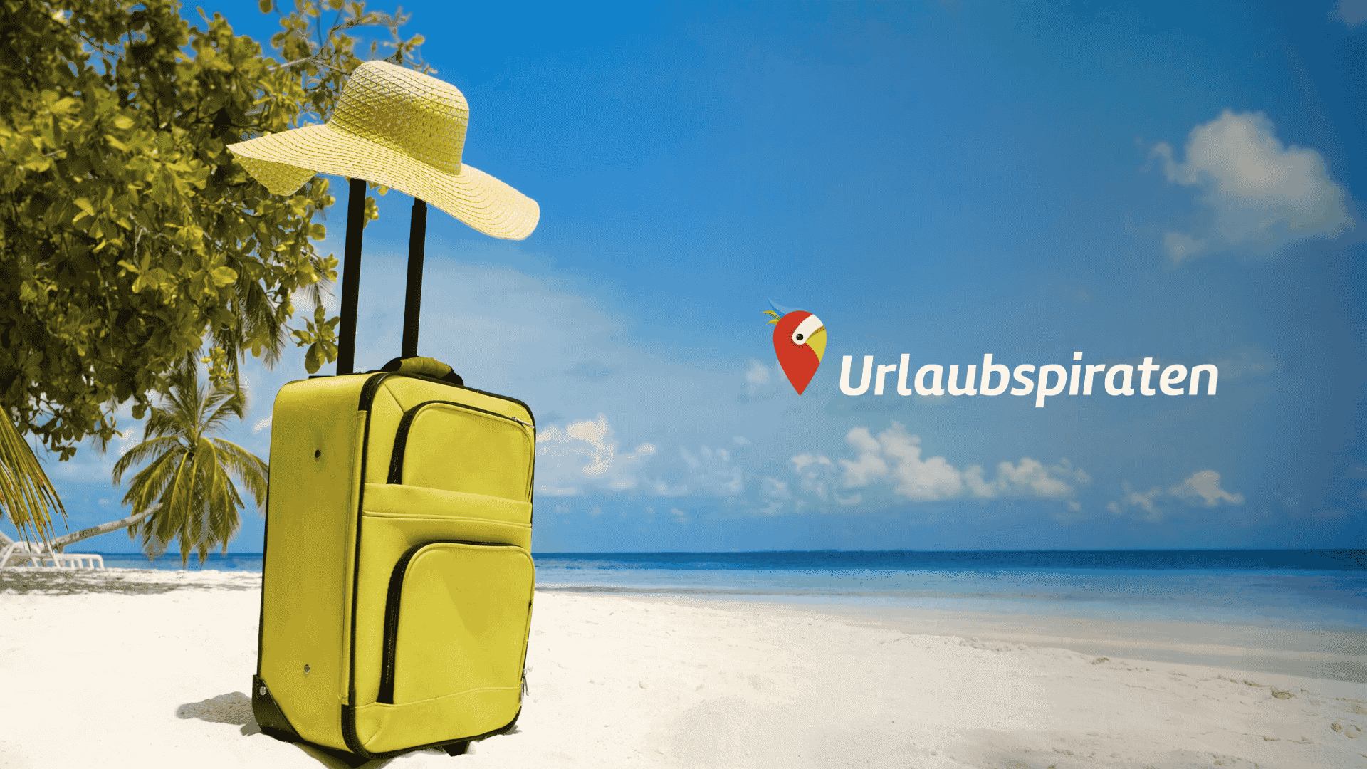 Urlaubspiraten: Suche & buche deine Traumreise – gelber Koffer am Strand