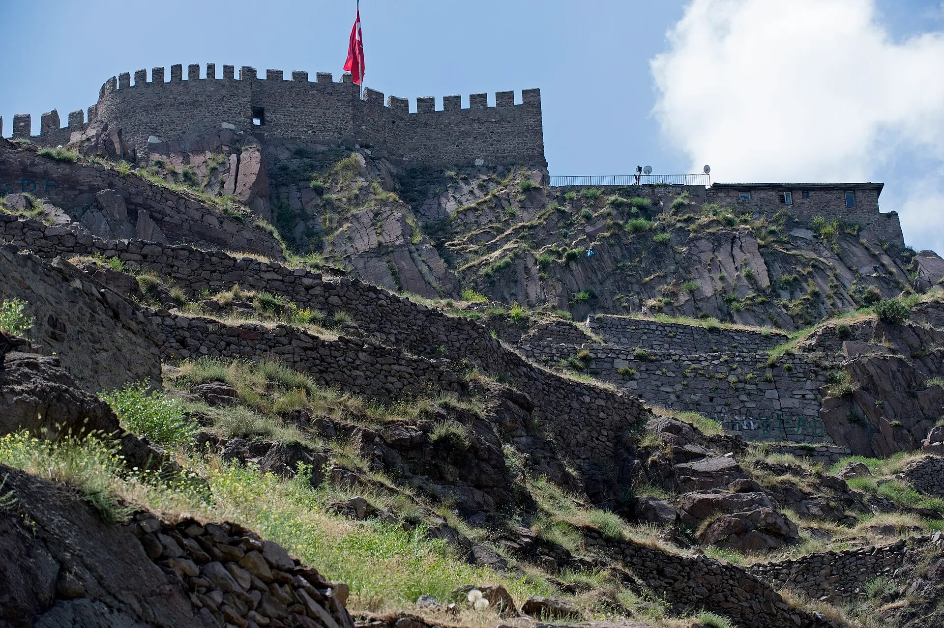 Zinnenmauer der Burg von Ankara mit großer türkischer Flagge auf einem felsigen, grasbewachsenen Hang unter blauem Himmel