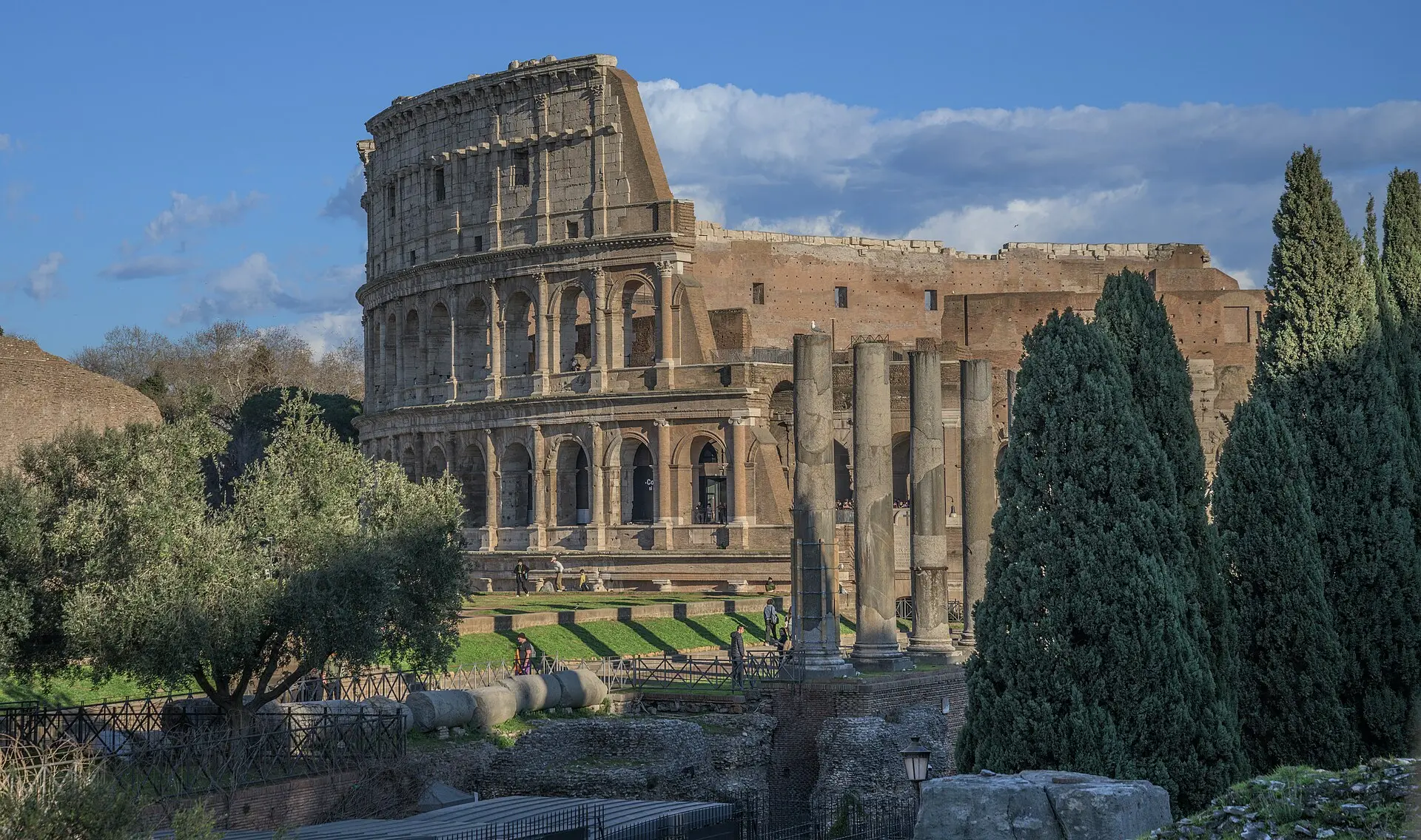 Kolosseum bei Tageslicht vom Forum Romanum aus gesehen, davor vier antike Säulen, Besucher auf den Wegen, ein Olivenbaum und Zypressen