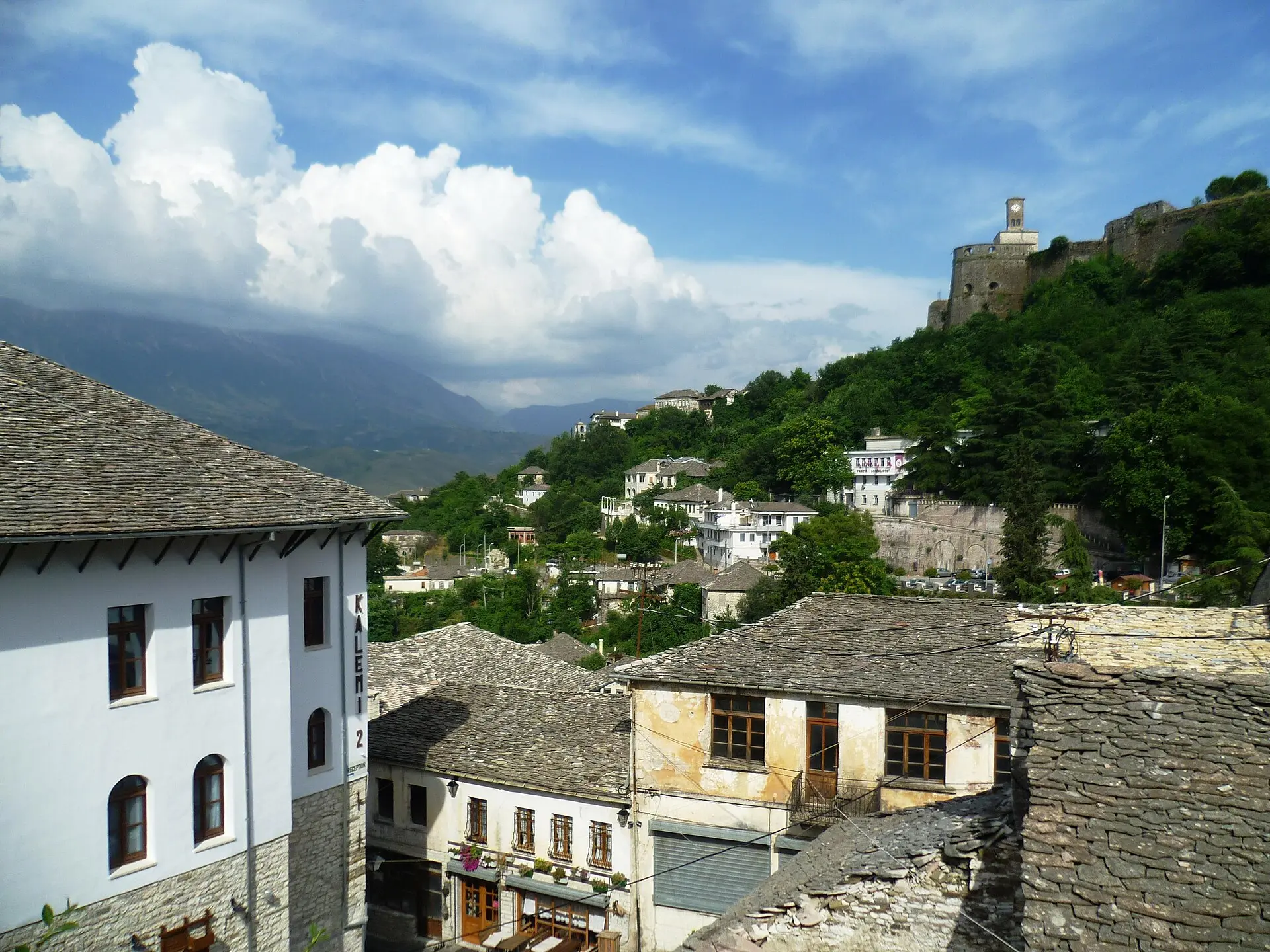 Altstadt von Gjirokastër mit grauen Steinplattendächern und weißen Häusern, rechts oben die Burg auf dem bewaldeten Hügel