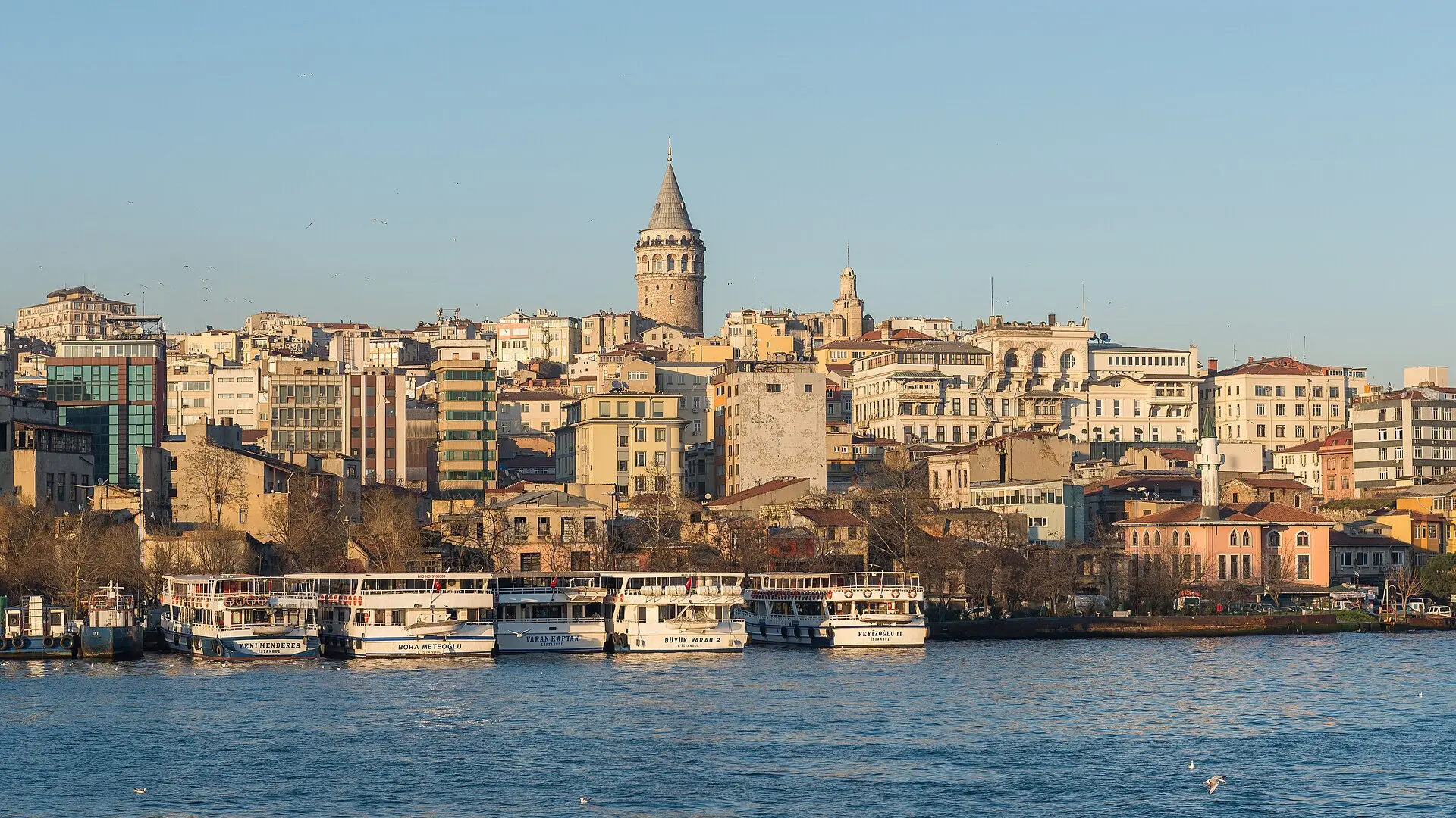 Ufer von Karaköy mit Ausflugsbooten, dahinter die Häuser von Galata und der Galataturm, vom Goldenen Horn aus gesehen