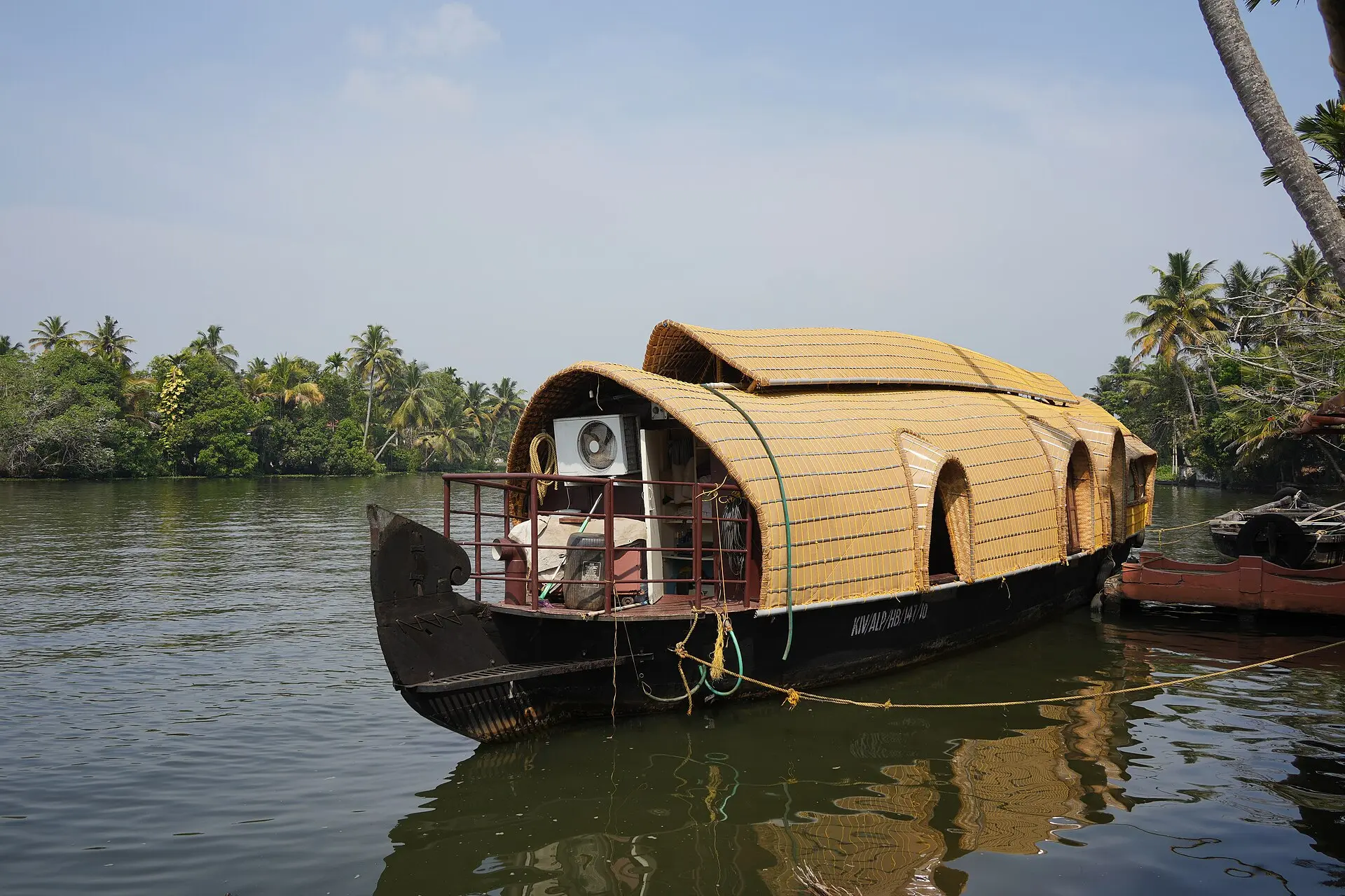 Vertäutes Hausboot mit gewölbtem Mattendach und schwarzem Rumpf auf grünlichem Wasser bei Nedumudy in Kerala, Kokospalmen am Ufer